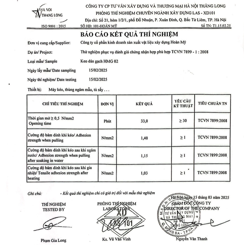 Giấy chứng nhận chất lượng keo dán gạch Hoàn Mỹ HMG-02