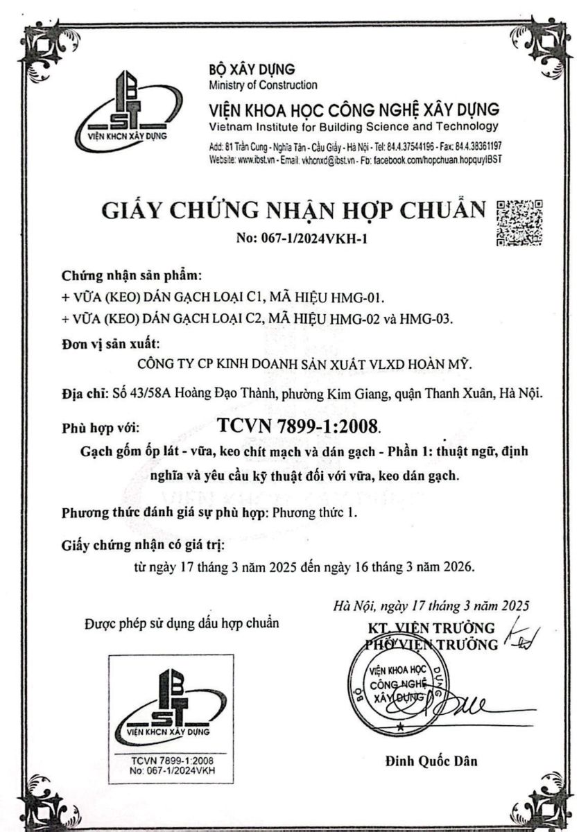 giấy chứng nhận hợp chuẩn Keo dán gạch Hoàn Mỹ HMG-01